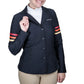 Woman wearing Equine Couture Women's EquiVent Gradient Show Coat w/ Arm Stripes- Black/Red-1X in a smiling pose