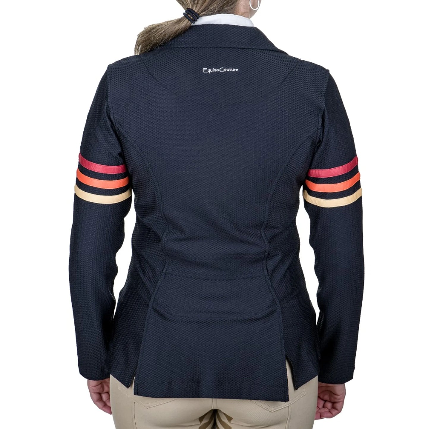 Equine Couture Women's EquiVent Gradient Show Coat w/ Arm Stripes- Black/Red-1X