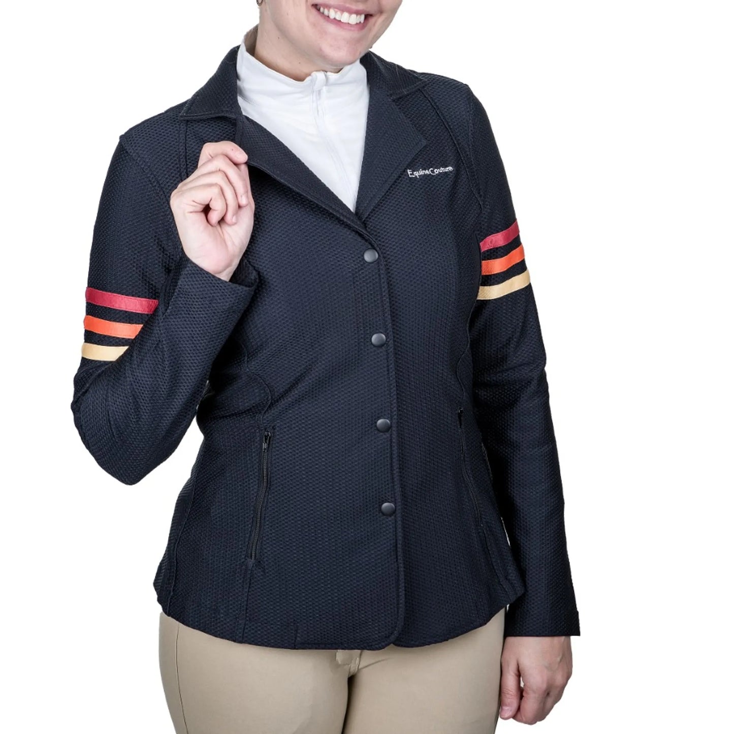 Equine Couture Women's EquiVent Gradient Show Coat w/ Arm Stripes- Black/Red-1X