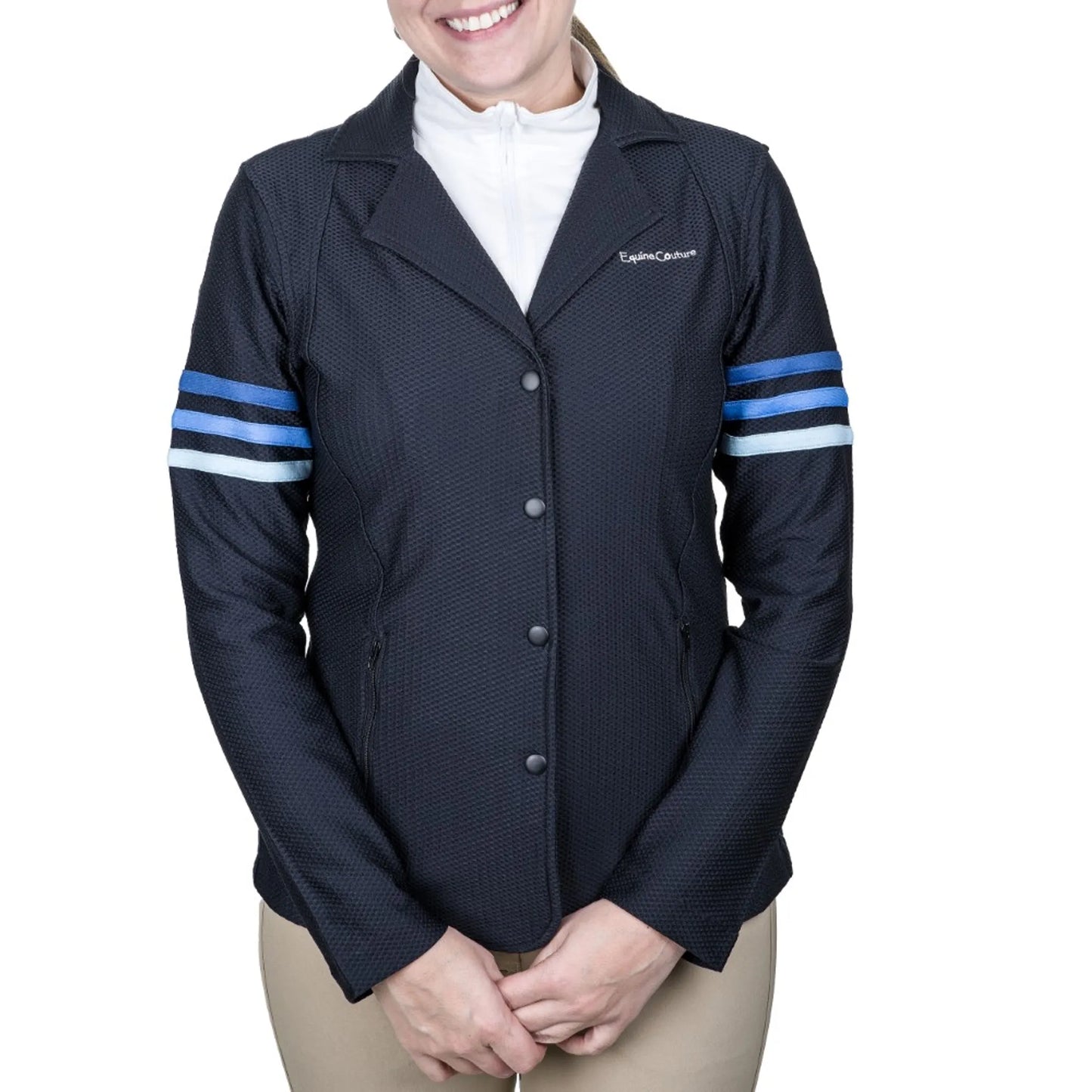 Equine Couture Women's EquiVent Gradient Show Coat w/ Arm Stripes- Black/Red-1X in black with blue arm stripes modeled front view