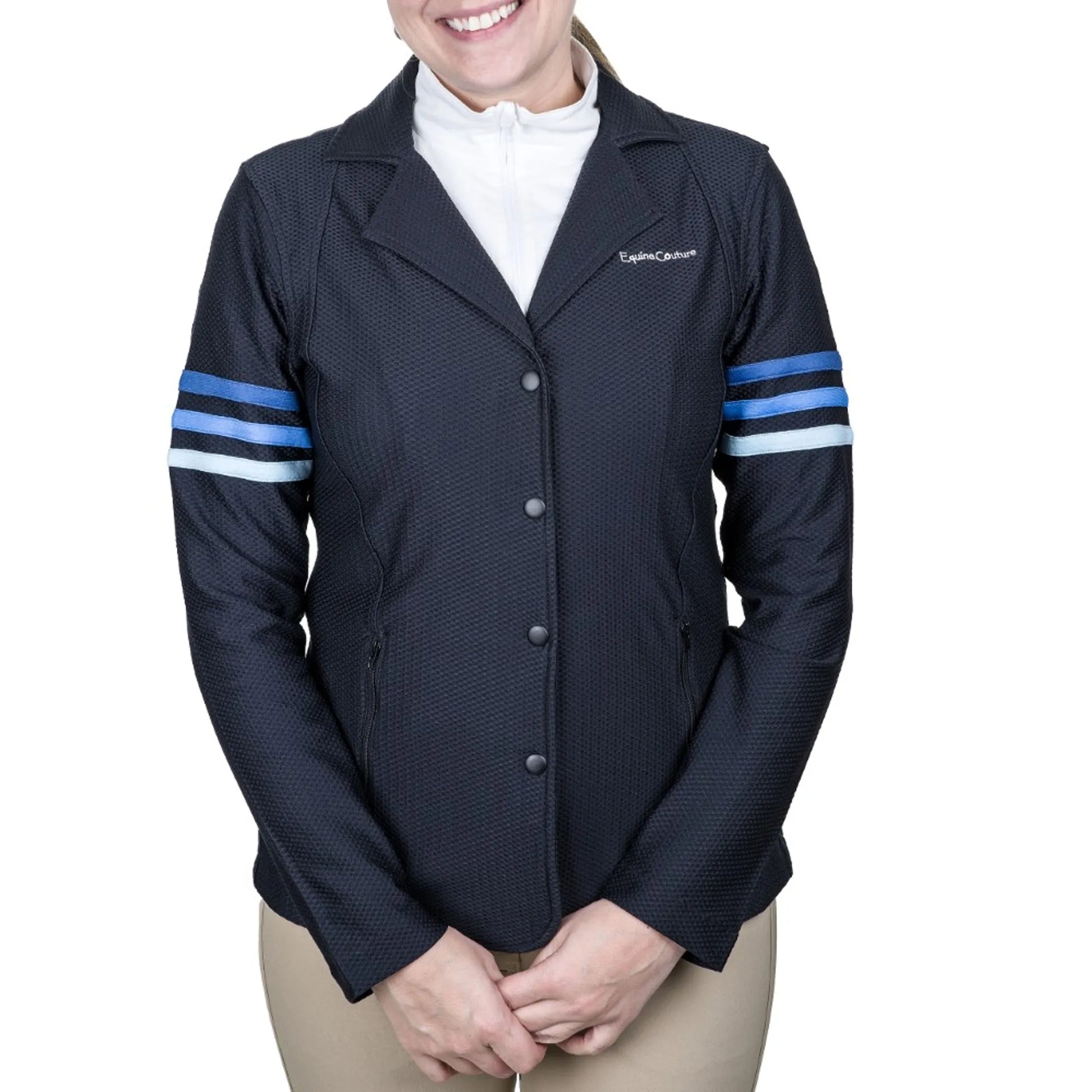 Equine Couture Women's EquiVent Gradient Show Coat w/ Arm Stripes- Black/Red-1X in black with blue arm stripes modeled front view