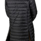 Rear view of a woman wearing a black Equine Couture Ladies Any Weather 3-in-1 Jacket with quilted design and side vents.