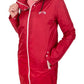 Woman wearing a red Equine Couture Ladies Downpour Rain Jacket with hood and horse logo, posing with hands in pockets.