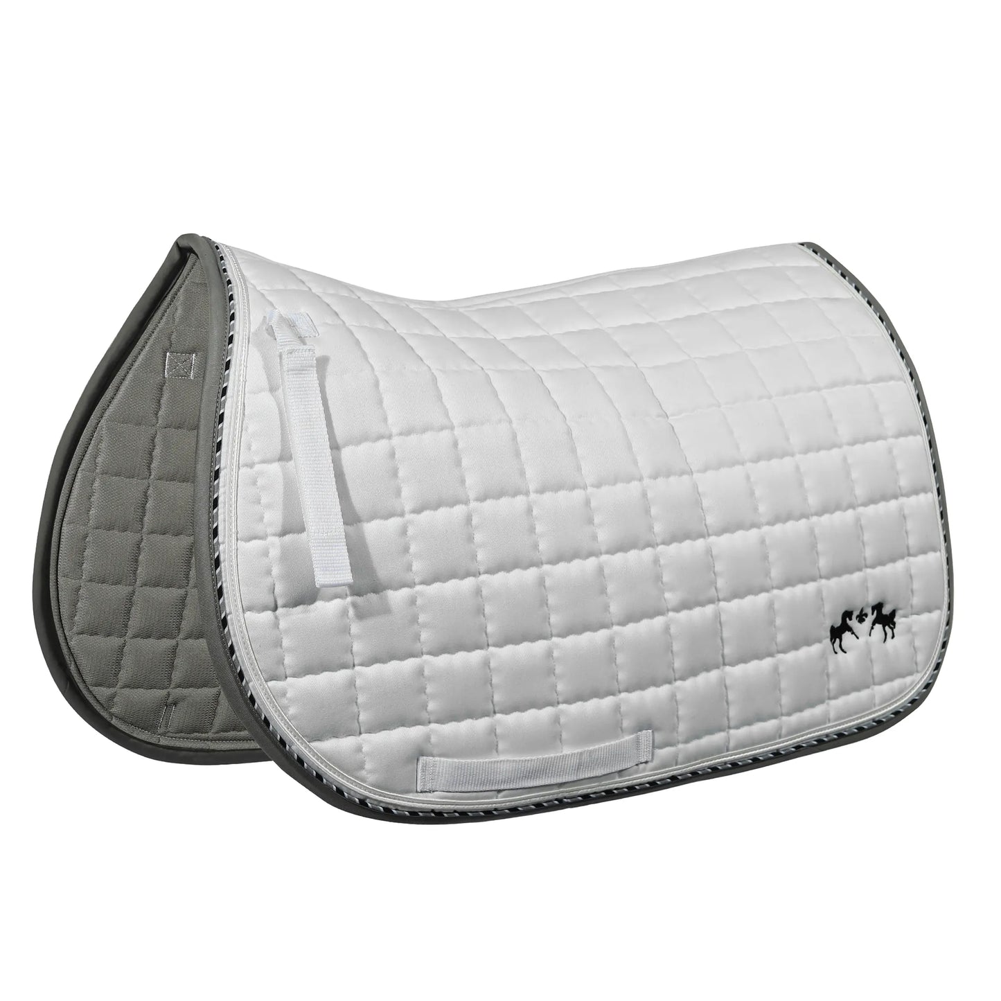 Equine Couture Coolmax Plush White Saddle Pad with quilted design and black horse embroidery for equestrian supplies.
