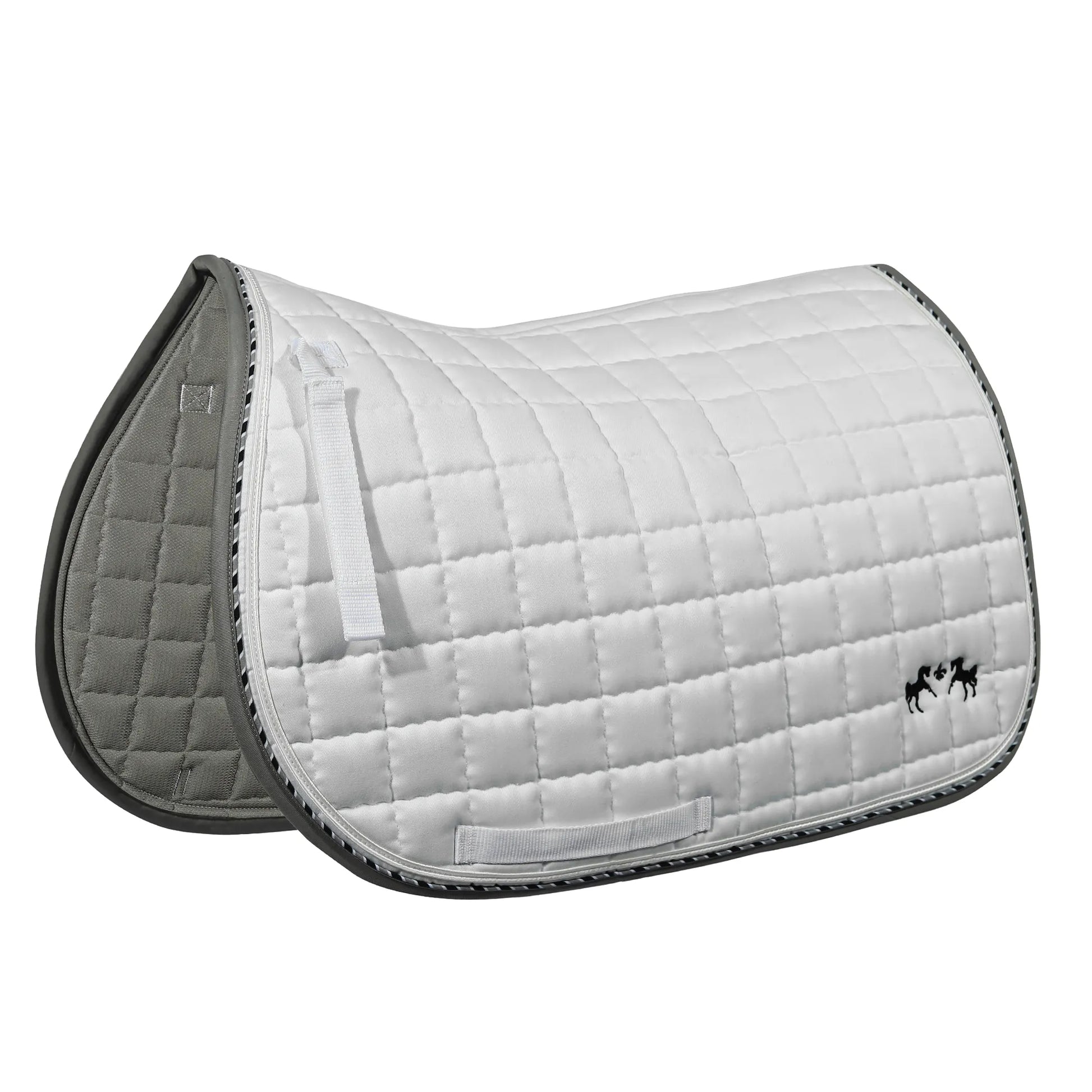 Equine Couture Coolmax Plush White Saddle Pad with quilted design and black horse embroidery for equestrian supplies.