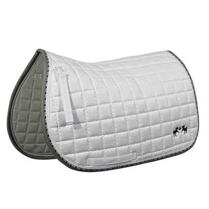 Equine Couture Coolmax Plush White Saddle Pad with quilted design and black horse embroidery for equestrian supplies.