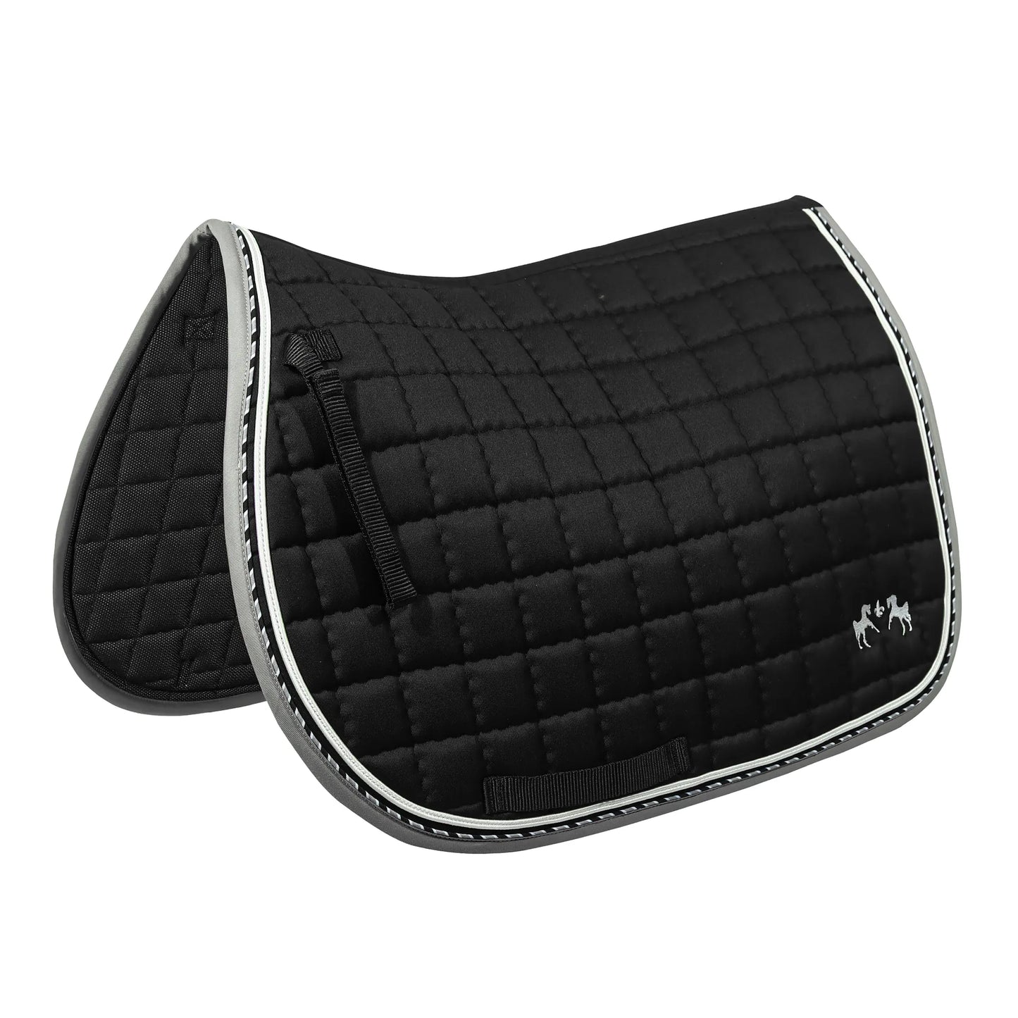 Equine Couture Coolmax Plush White Saddle Pad shown in black with quilted design and embroidered logo