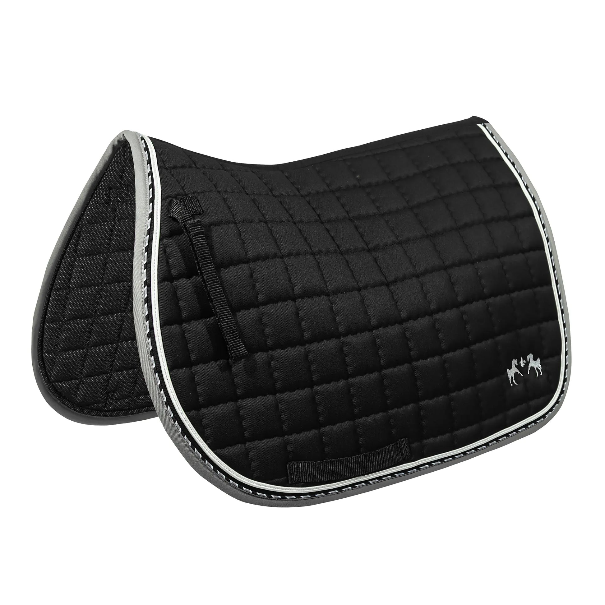 Equine Couture Coolmax Plush White Saddle Pad shown in black with quilted design and embroidered logo