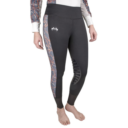 Equine Couture Ladies Snaffle Bits Tights- Black- Large with patterned side panels and logo on thigh for equestrian wear