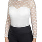 Woman wearing Spicy Girl Ginger Long Sleeve Shirt by EC- White- L with sheer polka dot sleeves and high neckline.