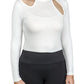 Woman wearing a white Spicy Girl Basil Long Sleeve Shirt by EC- White- L with cutout shoulder details and black pants.
