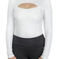 Woman wearing Spicy Girl Thyme Long Sleeve Shirt by EC- White- L with a cutout detail and black leggings in a casual pose