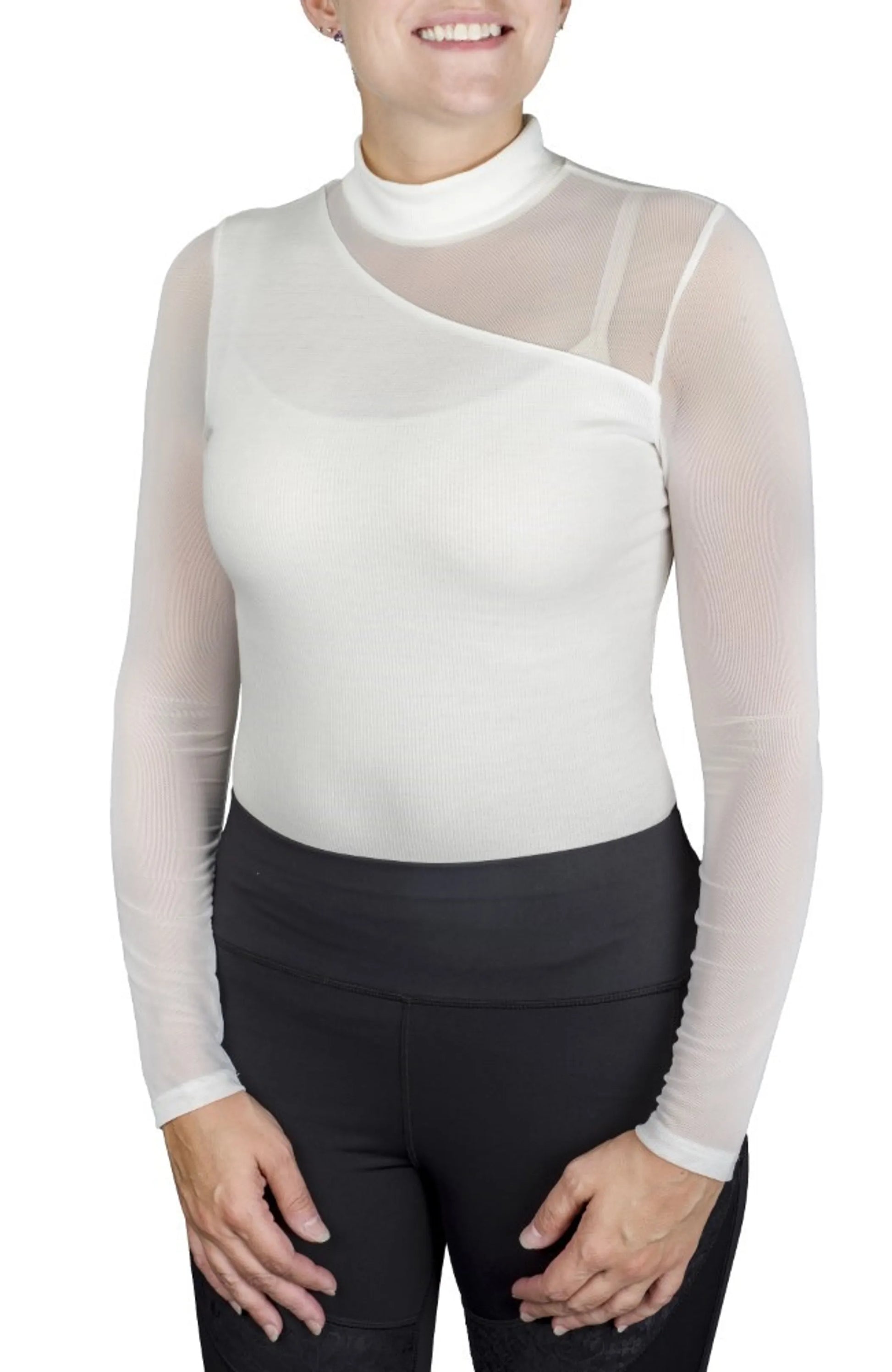 Woman wearing Spicy Girl Cocoa Long Sleeve Shirt by EC- White- L with sheer mesh sleeves and high neckline