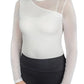 Woman wearing Spicy Girl Cocoa Long Sleeve Shirt by EC- White- L with sheer mesh sleeves and high neckline