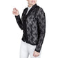 Woman wearing a black lace Spicy Girl Cayenne Show Coat by EC with white equestrian pants on a white background