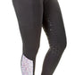 Equine Couture Daisy Printed Smyrna Tights - Women's Riding Leggings with Mesh Lower Leg shown in black with side pocket and grip pattern.