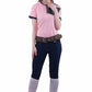 Model wearing Equine Couture Ladies Sportif Natasha Knee Patch Breeches - UltraGripp Suede Riding Pants with Wide Waistband.