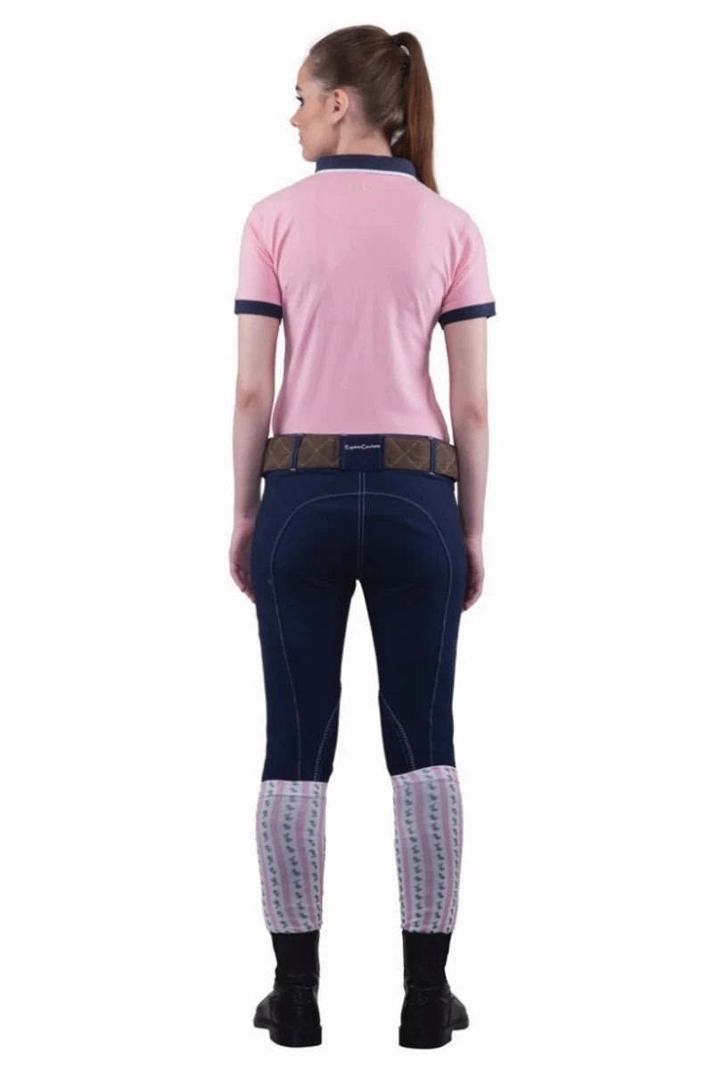 Woman wearing Equine Couture Ladies Sportif Natasha Knee Patch Breeches - UltraGripp Suede Riding Pants with Wide Waistband from back view