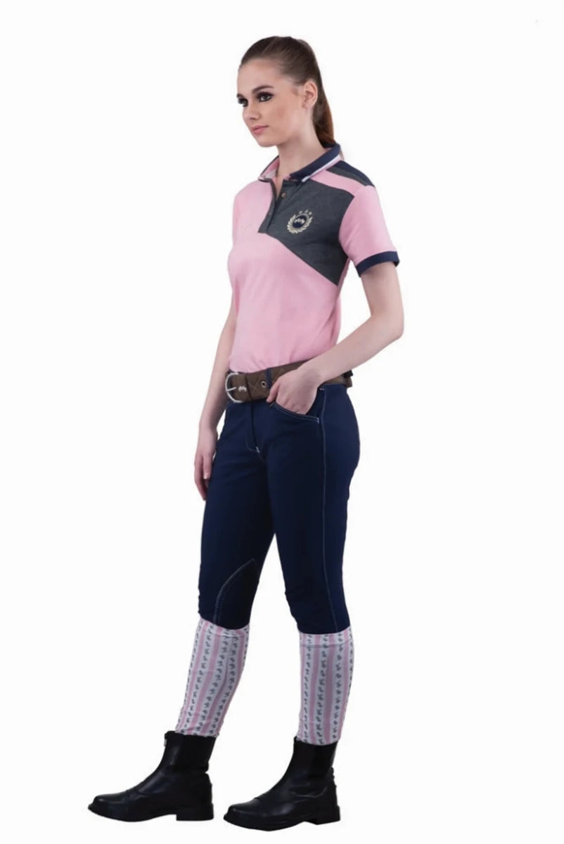 Equine Couture Ladies Sportif Natasha Knee Patch Breeches - UltraGripp Suede Riding Pants with Wide Waistband modeled by woman in equestrian attire