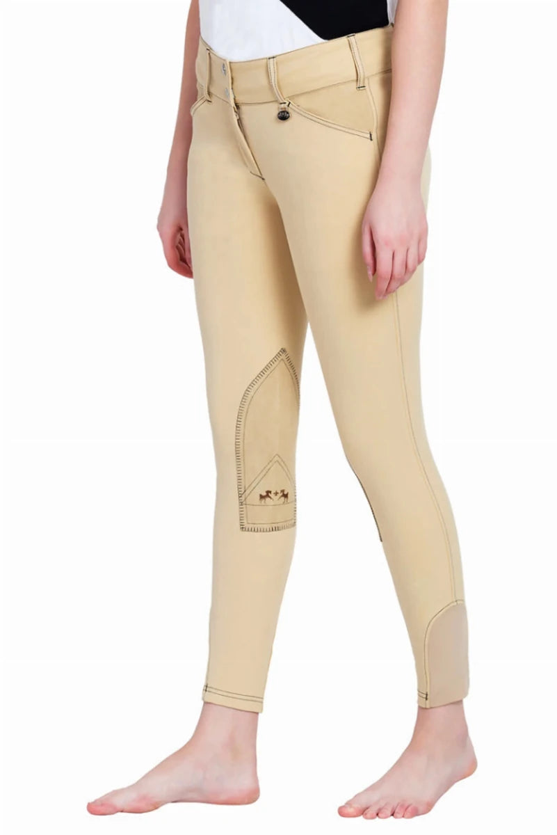 Equine Couture Ladies Sportif Natasha Knee Patch Breeches - UltraGripp Suede Riding Pants with Wide Waistband in beige