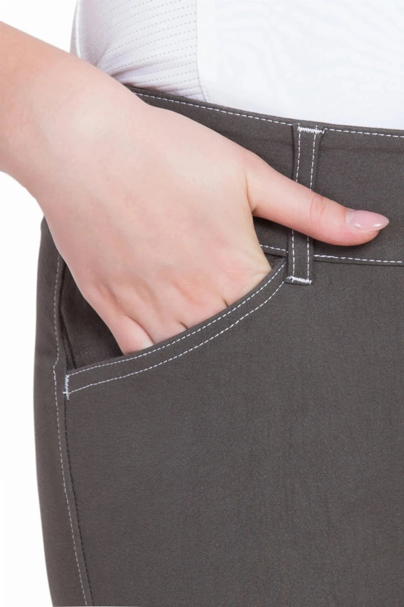 Close-up of hand in pocket of Equine Couture Ladies Sportif Natasha Knee Patch Breeches - UltraGripp Suede Riding Pants with Wide Waistband