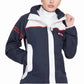 Woman wearing a navy and white Women's Rain Jacket - Waterproof Shell with Adjustable Hood posing with hand on collar