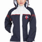 Woman wearing Women's Rain Jacket - Waterproof Shell with Adjustable Hood in navy and white with red accents, hood up