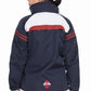 Woman wearing Women's Rain Jacket - Waterproof Shell with Adjustable Hood shown from back in navy with red and white accents