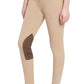 Beige Equine Couture Coolmax Champion Knee Patch Breeches - Women's Moisture Wicking Riding Pants shown on model standing barefoot.