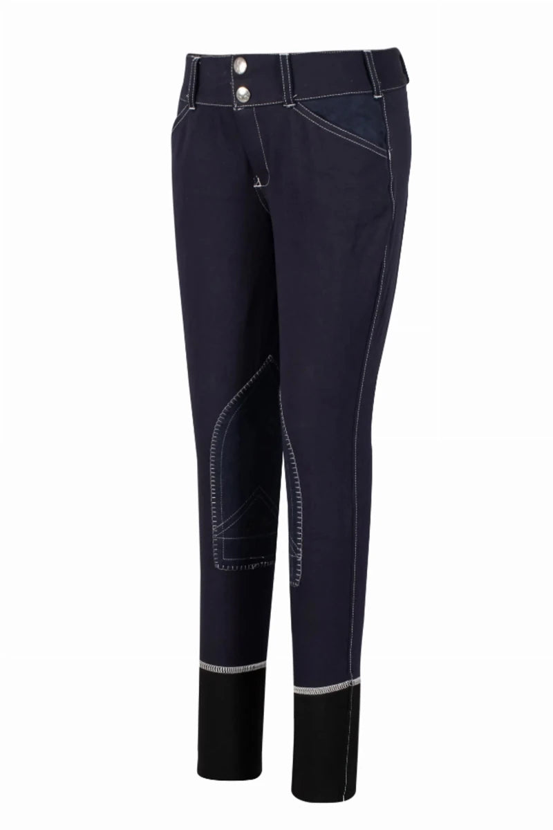Equine Couture Children's Sportif Natasha Knee Patch Breeches in navy with contrast stitching and knee patches for horse riding.