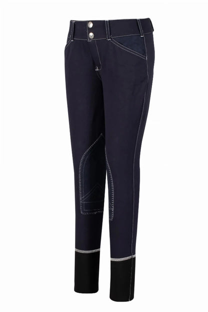 Equine Couture Children's Sportif Natasha Knee Patch Breeches in navy with contrast stitching and knee patches for horse riding.