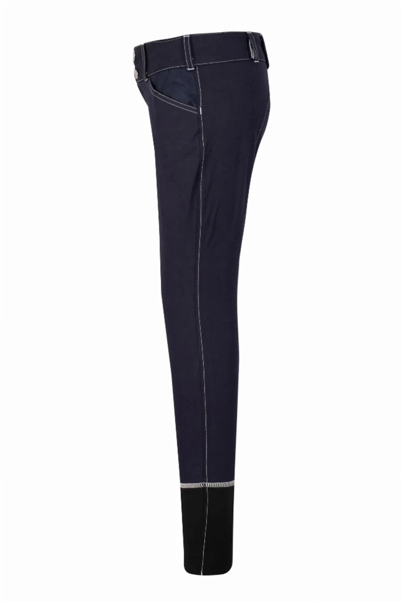 Equine Couture Children's Sportif Natasha Knee Patch Breeches in navy with contrasting stitching and knee patches.
