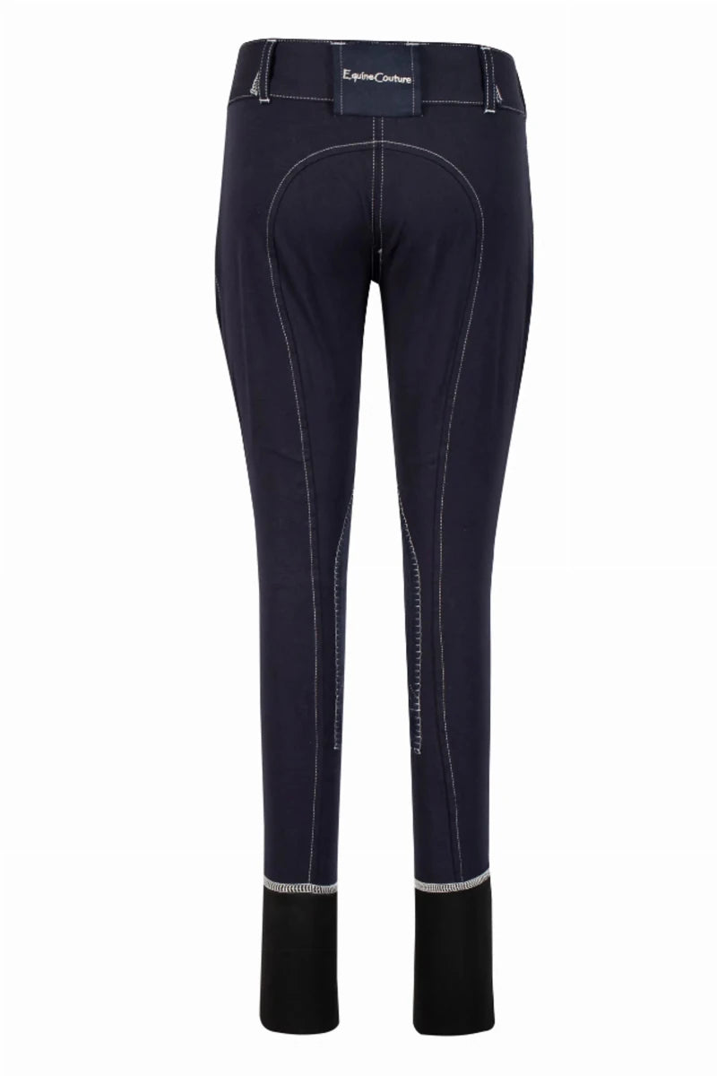 Equine Couture Children's Sportif Natasha Knee Patch Breeches in navy with contrast stitching and black leg cuffs.