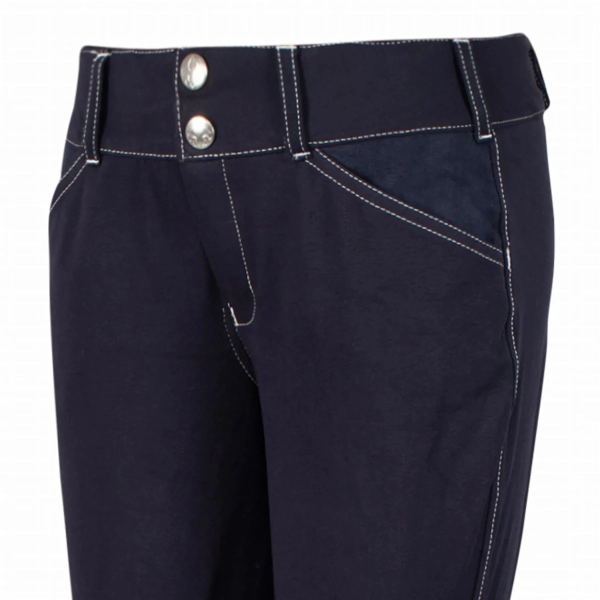 Equine Couture Children's Sportif Natasha Knee Patch Breeches in dark navy with contrast stitching and dual front buttons