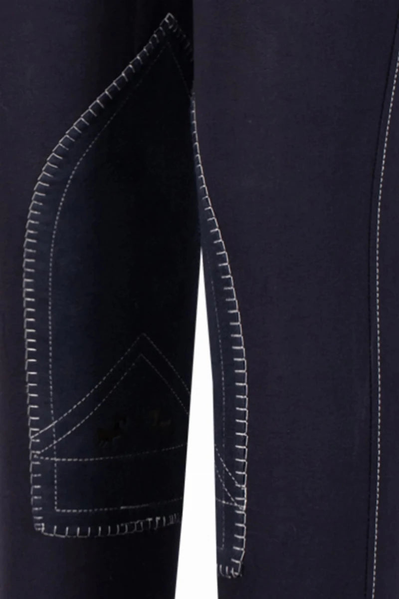 Close-up of navy Equine Couture Children's Sportif Natasha Knee Patch Breeches with contrast stitching detail