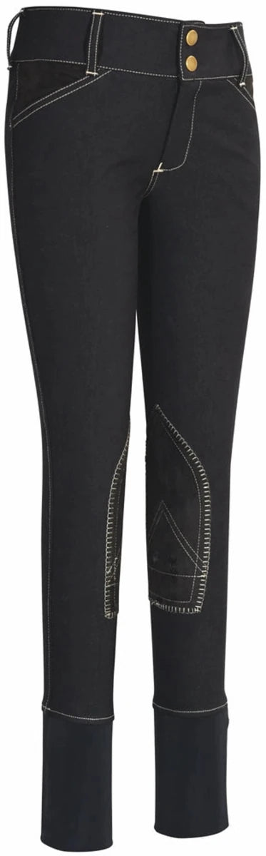 Equine Couture Children's Sportif Natasha Knee Patch Breeches in black with contrast stitching and gold buttons