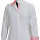 Women's Coolmax Show Shirt - Long Sleeve Competition Shirt with Moisture-Wicking Technology in white with pink striped collar and cuffs.