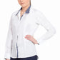 Model wearing Women's Coolmax Show Shirt - Long Sleeve Competition Shirt with Moisture-Wicking Technology in white with patterned collar trim