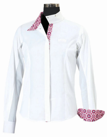 Equine Couture Kelsey Long Sleeve Show Shirt for Kids - Coolmax Moisture Wicking Competition Shirt in white with patterned trim