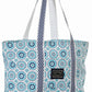 Equine Couture Kelsey Equestrian Tote Bag - Large Gear Bag with Front Pocket in blue geometric pattern and polka dot straps