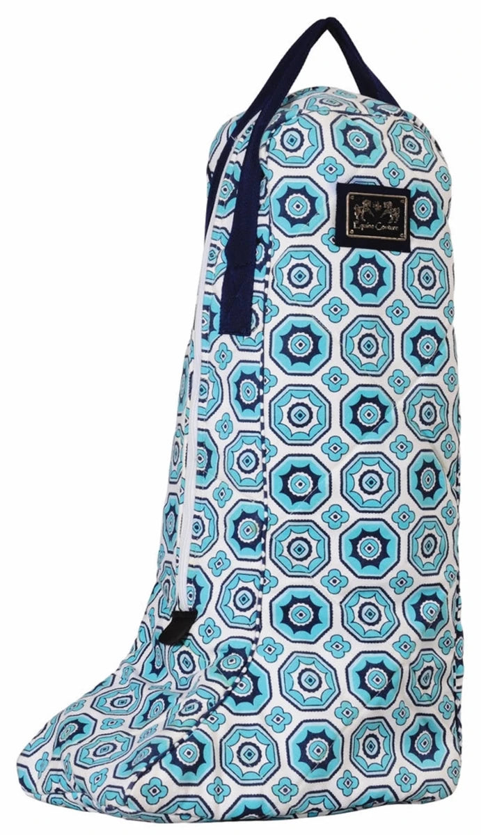 Equine Couture Kelsey Equestrian Boot Bag - Water Resistant Riding Boot Carrier with Full Zipper in blue geometric pattern