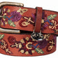 Equine Couture Veronica Leather Belt with detailed floral embroidery and metal buckle, premium equestrian supplies from PetsPerfect.