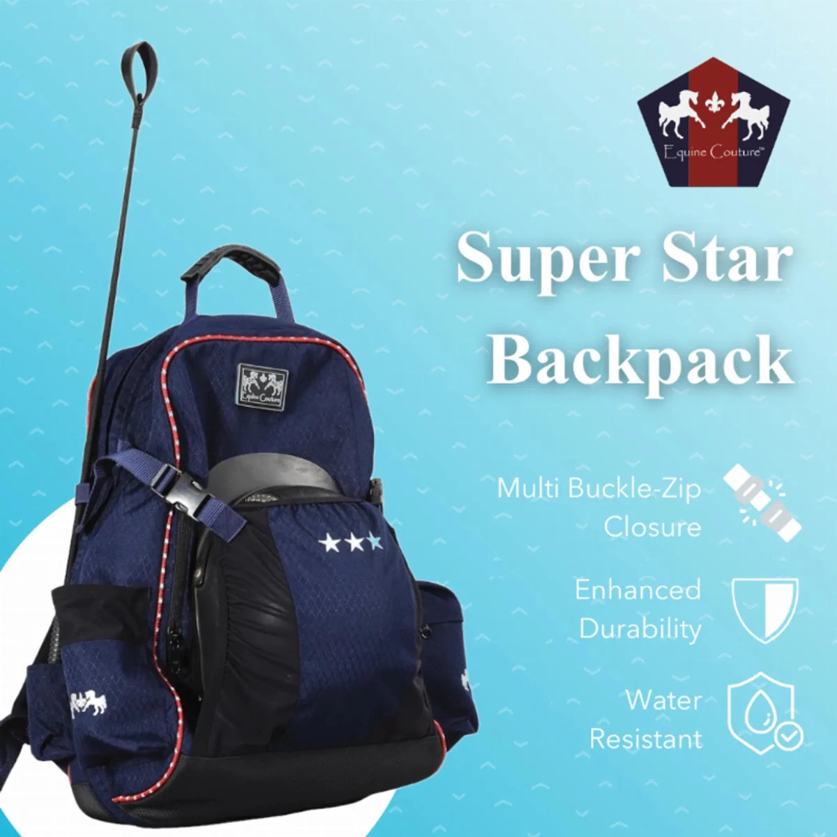 Water-Resistant Backpack - Equestrian Gear Bag with Multiple Pockets in navy blue with durable buckle-zip features