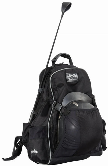 Equestrian Backpack - Water-Resistant Riding Gear Bag with Helmet Compartment holding a helmet and riding crop in black color.
