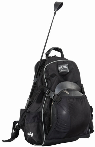 Equestrian Backpack - Water-Resistant Riding Gear Bag with Helmet, Black w/silver piping/1