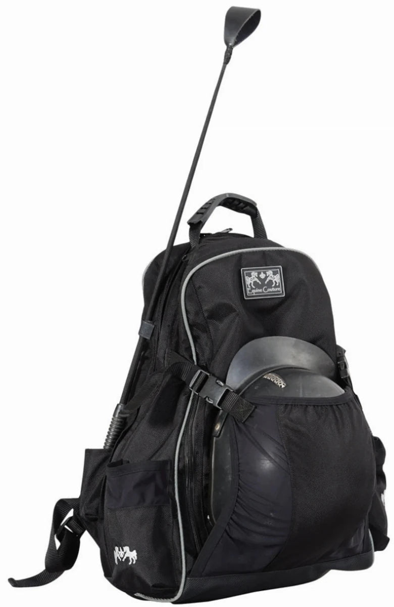 Equestrian Backpack - Water-Resistant Riding Gear Bag with Helmet, Black w/silver piping/1
