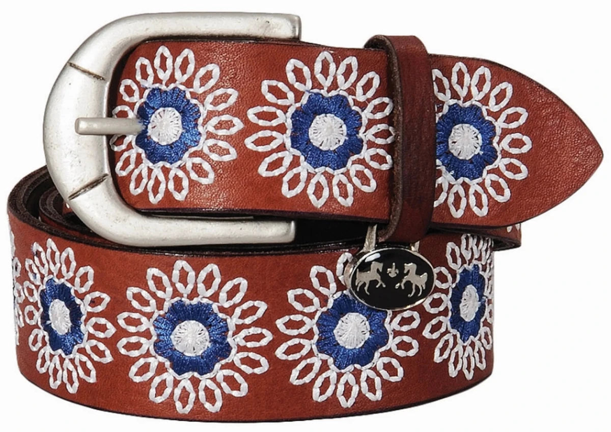 Equine Couture Sophia Leather Belt with blue and white floral embroidery and silver buckle for equestrian supplies