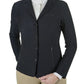 Woman wearing Equine Couture Ladies EquiVent Sport Show Coat in black with zippered pockets and a tailored fit.