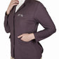 Woman wearing a textured purple Equine Couture Women EquiVent 4-Snap Button Show Coat with pockets and horse embroidery