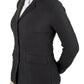 Woman wearing black Equine Couture Women EquiVent 4-Snap Button Show Coat with beige riding pants smiling